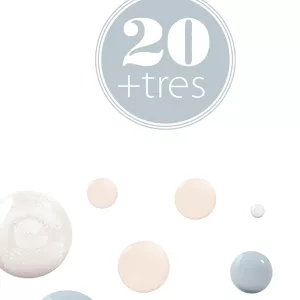 20+tres: diseño elegante con esferas suaves en tonos neutros y azul claro