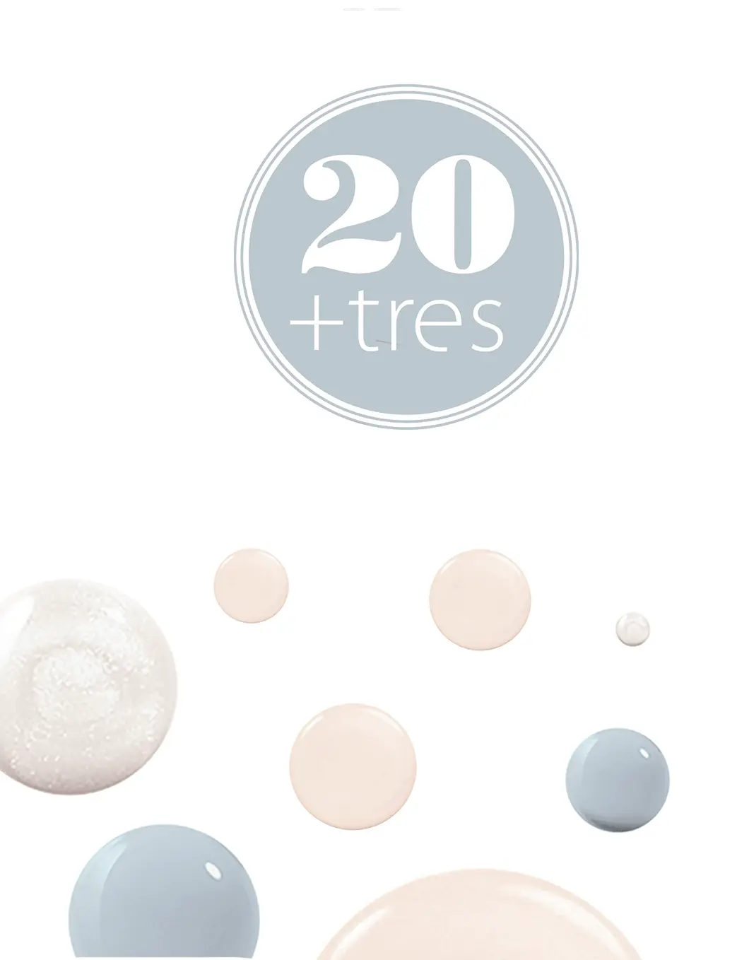 20+tres: diseño elegante con esferas suaves en tonos neutros y azul claro
