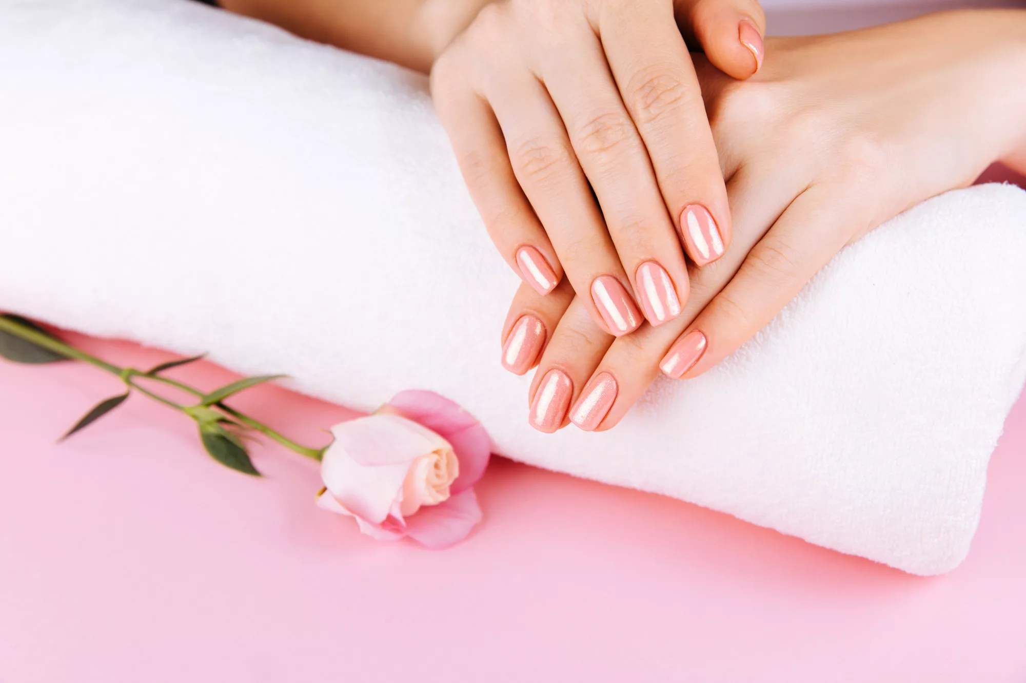 Manos femeninas con manicura rosa